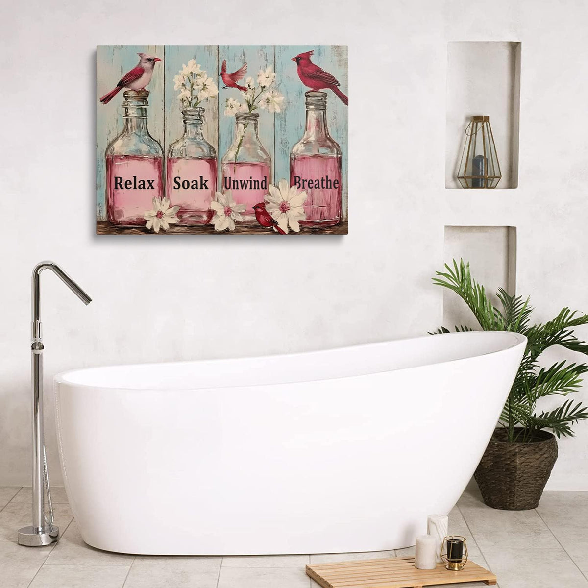 Framed Rustic Rustic Floral Cardinal Bathroom Decor Pink Flower Canvas Wall Art (Light purple / 24"L x 16"W)