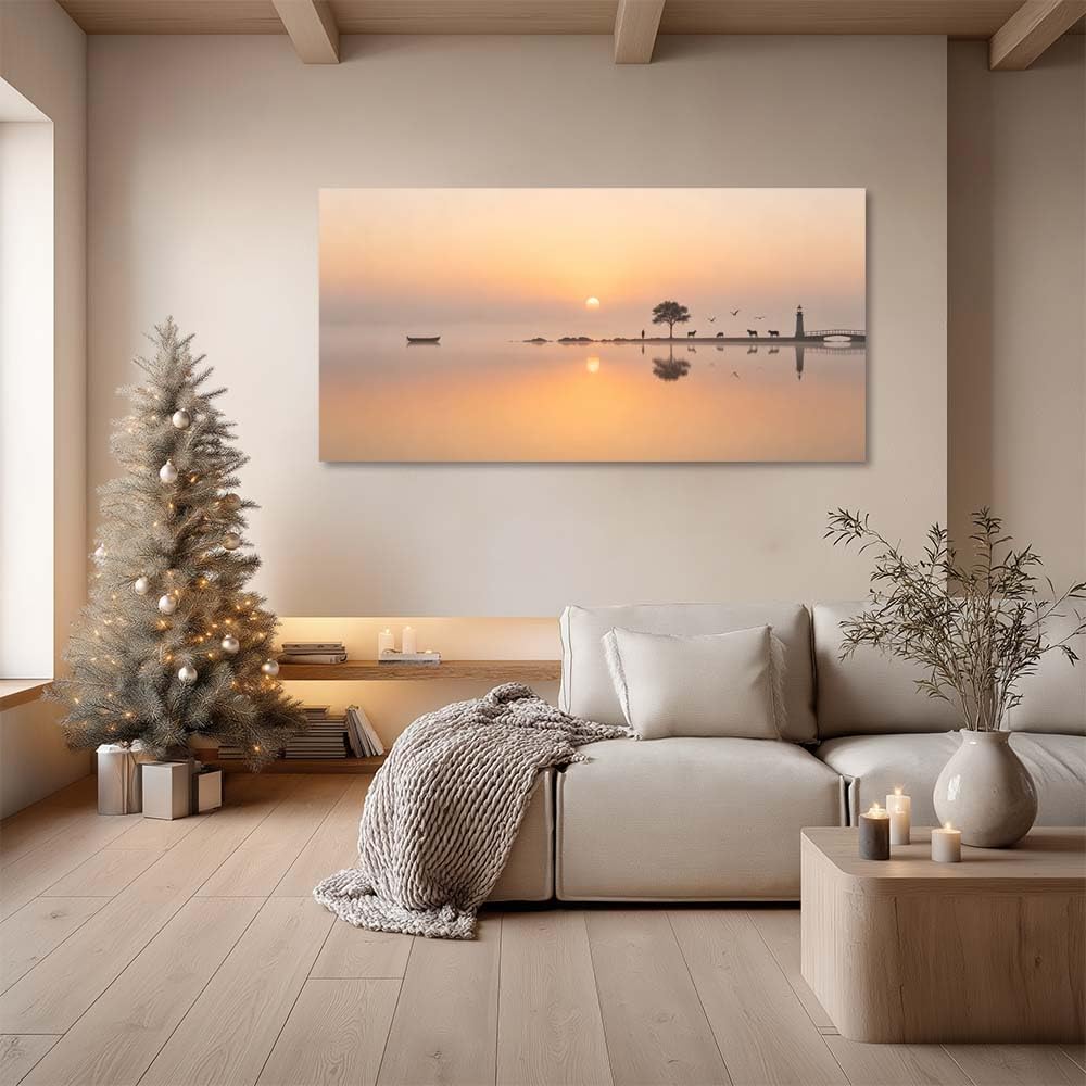 Sunset Beach Canvas Wall Art Silhouette Ocean Landscape Painting Flat Print Gallery Wrapped Coastal Artwork for Living Room Bedroom Bathroom Decor (Mysterious / White Lighthouse Tree 17 / 46"L x 23"W)