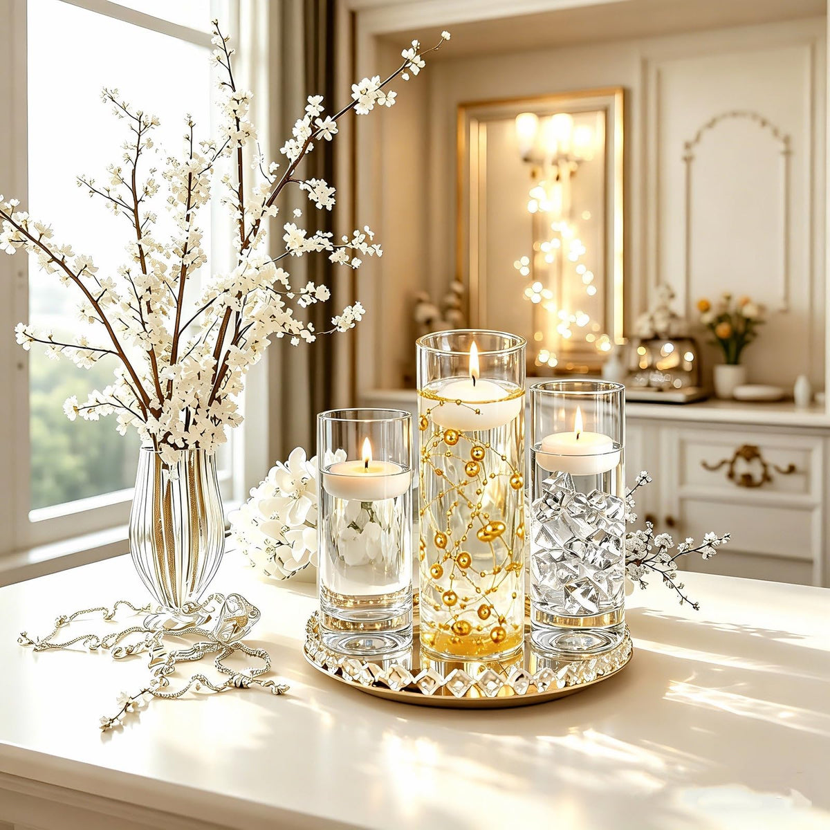 12 PCS Glass Vases for Centerpieces with 24 PCS Floating Candles for Centerpieces12 Pearl Strings and 400 Fake Ice Floating Candle Vases Glass Holder for Wedding Home Table Decorations (12 SET)