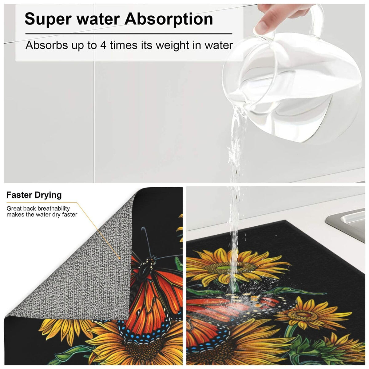 Orange Butterfly Yellow Sunflower Dish Drying Mat For Kitchen Counter Dry Mats Microfiber Dish Drainer Mat Protector Pad Absorbent Fast Drying Kitchen Must (Orange Butterfly Yellow Sunflower / 18" x 16")