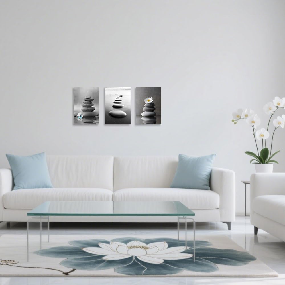 3PCS Zen Stones Canvas Wall Art Black and White Zen Stone Painting Calming Meditation Wall Decor for Yoga Studio Office Spa Bathroom (gray / 16W"x24L"x3)