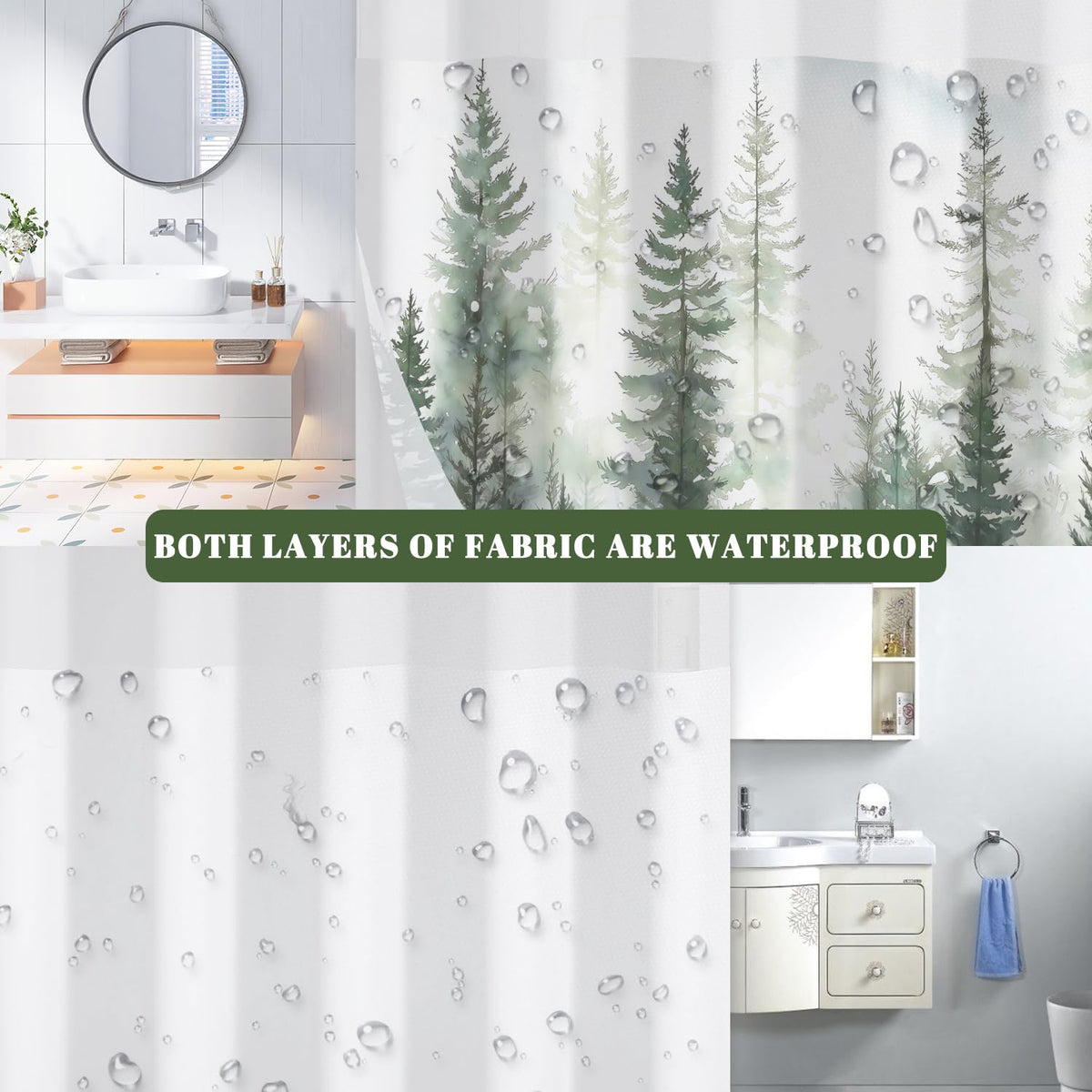 No Hook Forest Shower Curtain with Snap in Liner (Misty Woodland)