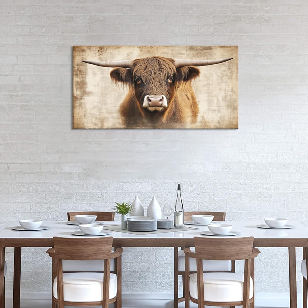 Beige Highland Cow Wall Art for Living Room Office Rustic Scottish Cattle Farmhouse Decor Painting Prints Distressed Canvas Artwork Dining Bedroom Decor Extra Large (Farmhouse / Beige Rustic Cow Wall Art / 58"L x 28"W)