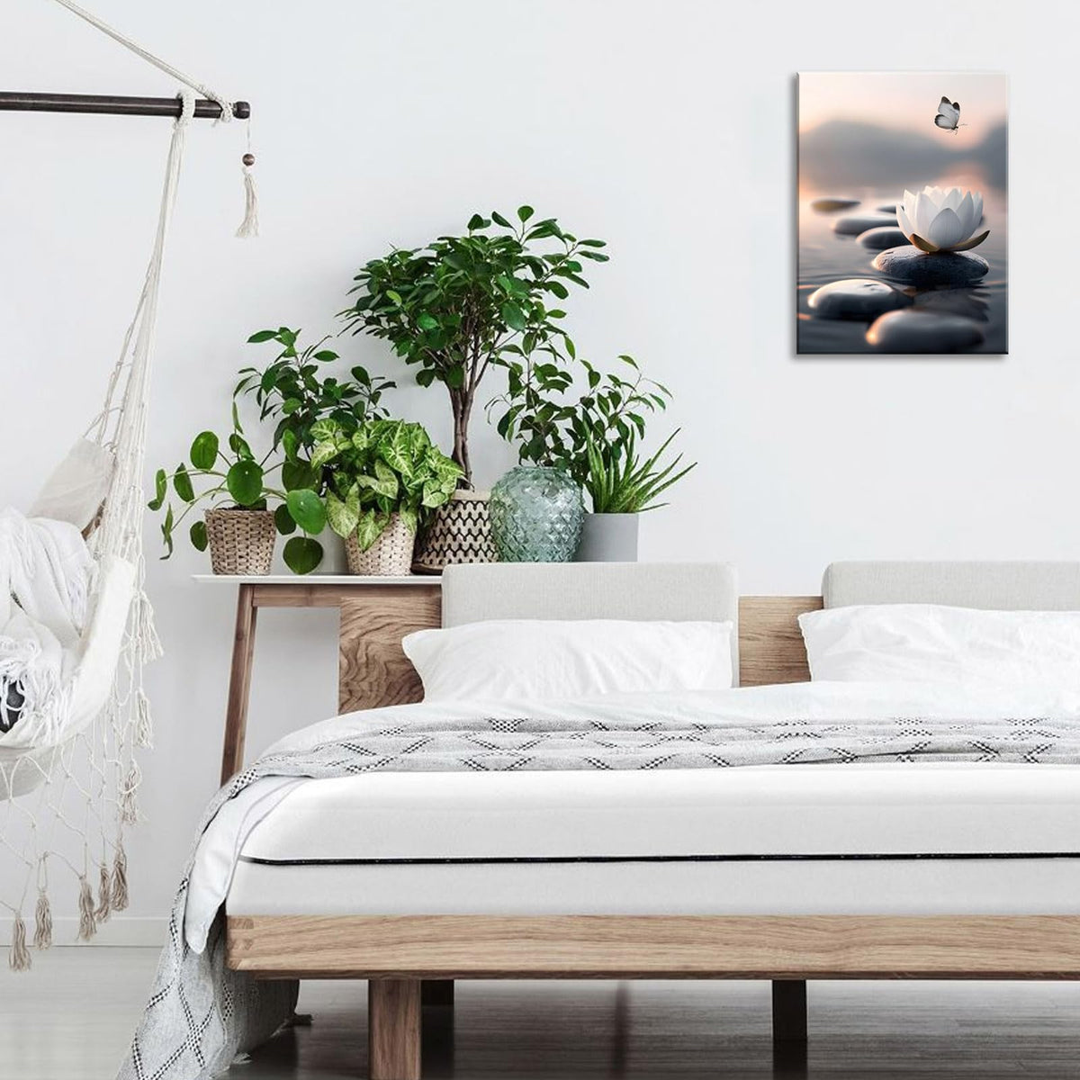 White Lotus Wall Art Canvas Flowers and Stones Spa Butterfly Painting Pictures for Yoga Room Spiritual Room Bathroom Zen Spa Photo Decor Framed Ready to Hang 12X16inches (16"L x 12"W / Lotus 01)