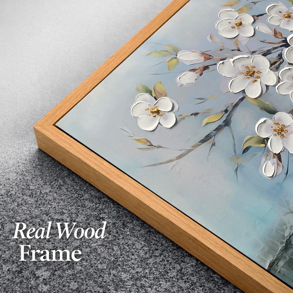 Framed Large Textured Canvas Wall Art for Living Room (White Flowers / Wood Framed / 58.1"L x 29.1"W)