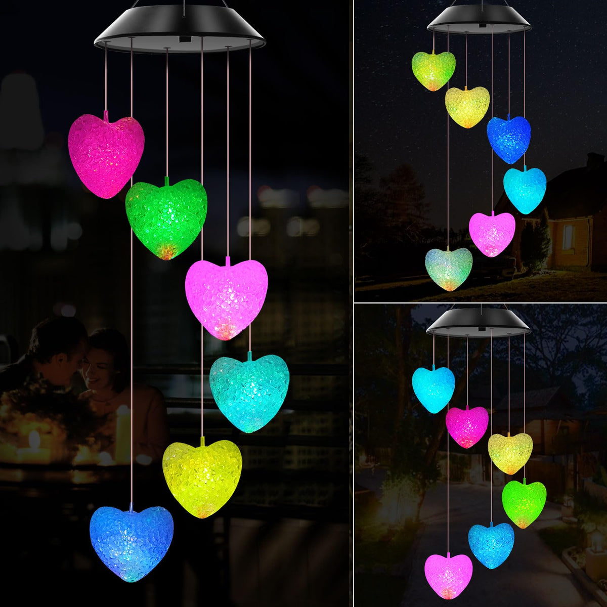 Solar Wind Chimes Heart Color Changing Lights Outdoor
