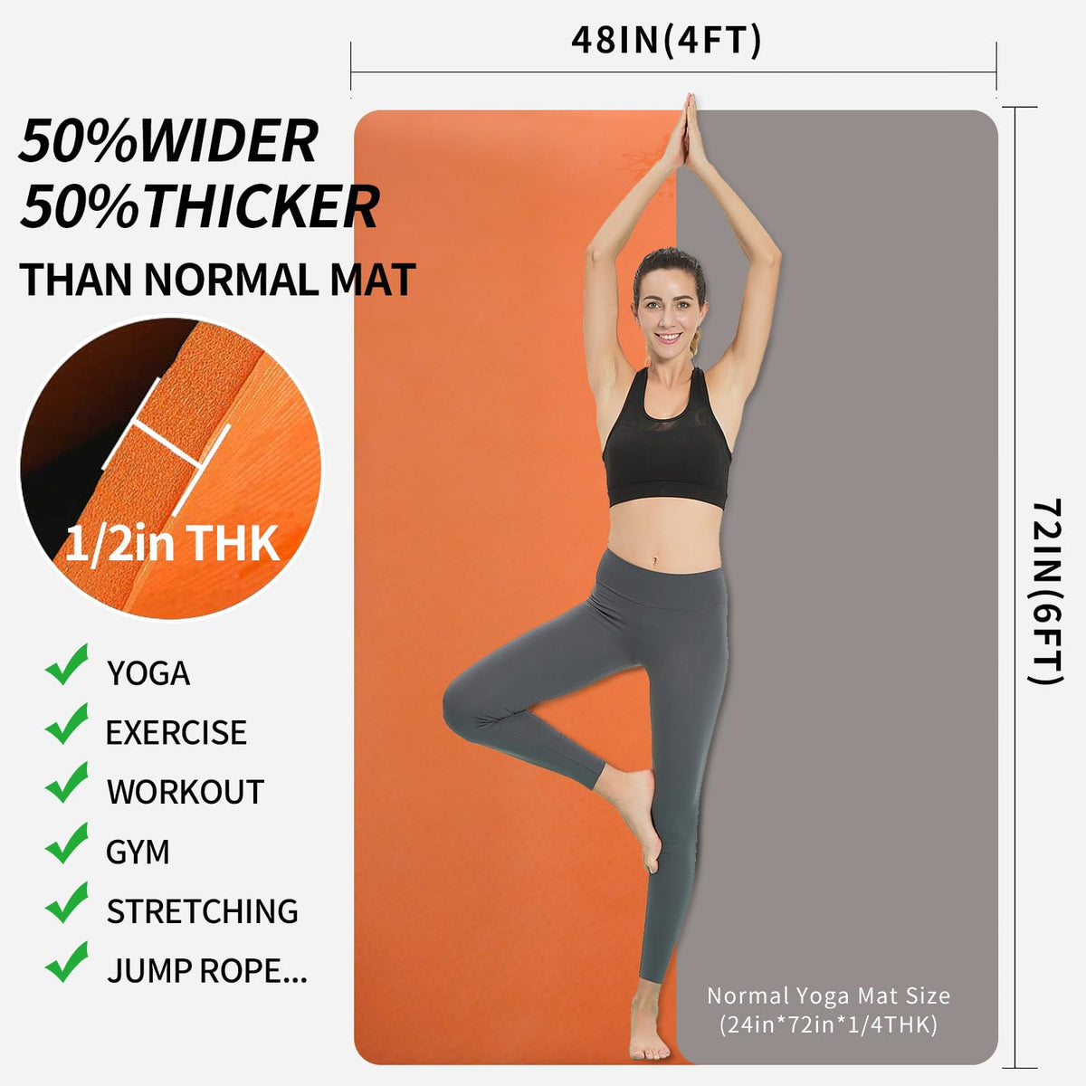 Large TPE Yoga Mat 6'x4'x1 (Orange)