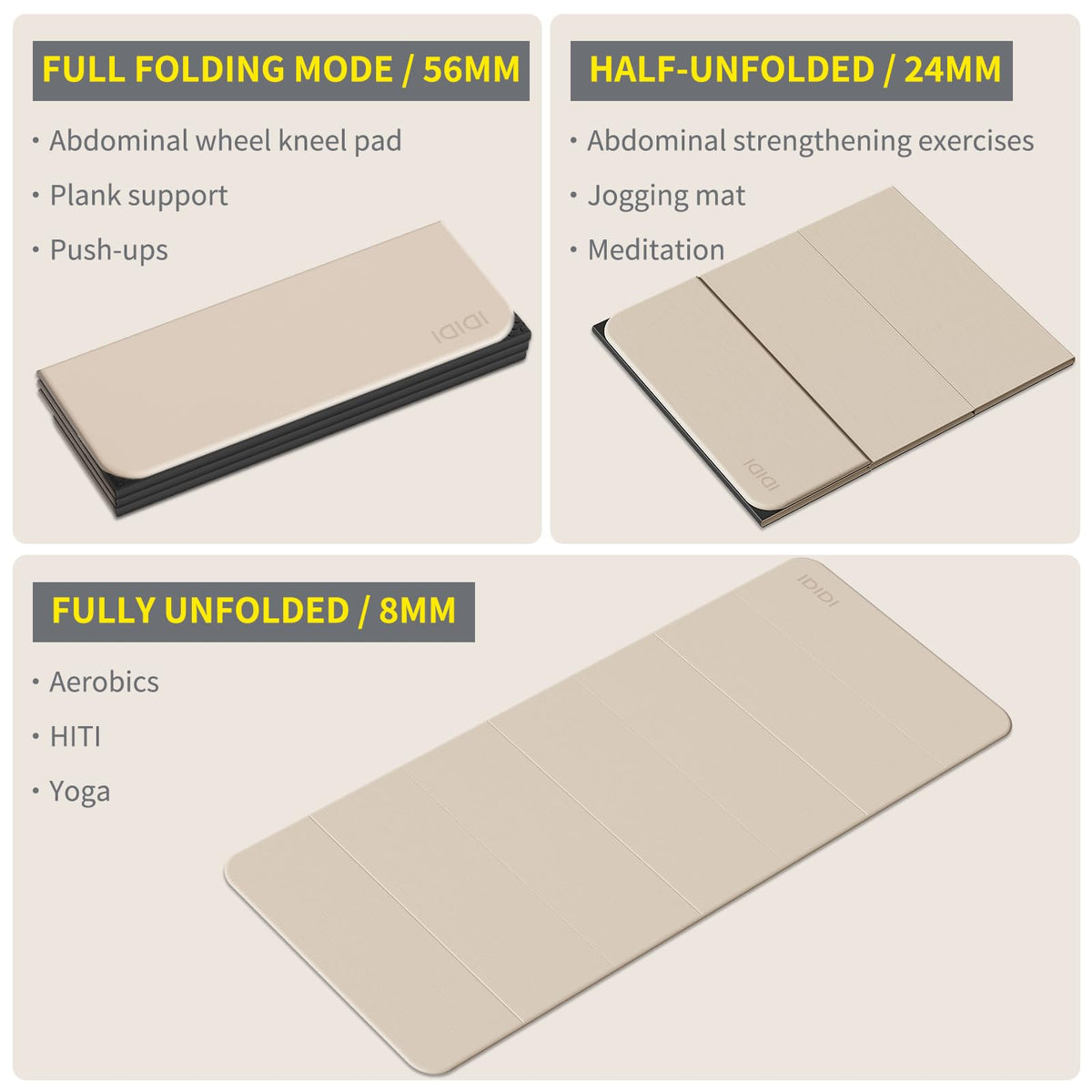 Foldable Yoga Mat Extra Large Wide 74"×31.5" (Beige+Black)