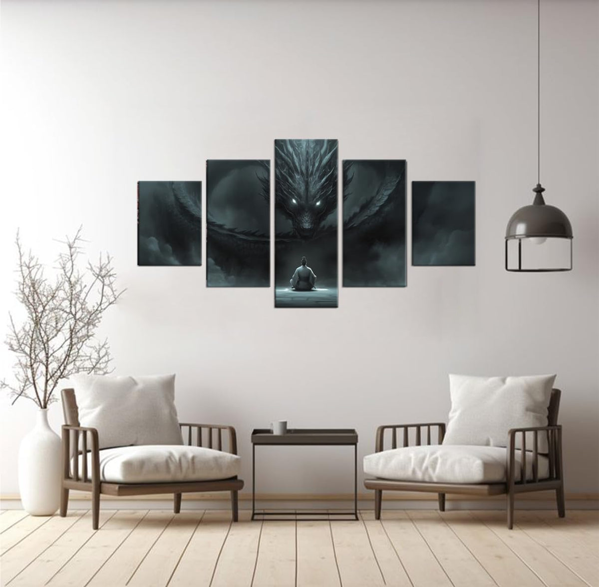 Japanese Samurai Canvas Wall Art Dragon Traditional Bushido Wall Decor Zen Picture Asian Japan Style Black and White Warrior Poster Print for Living Room Bedroom Framed 5 Piece 50''W x 24''H (50"Wx24"H / Samurai 5P-26)