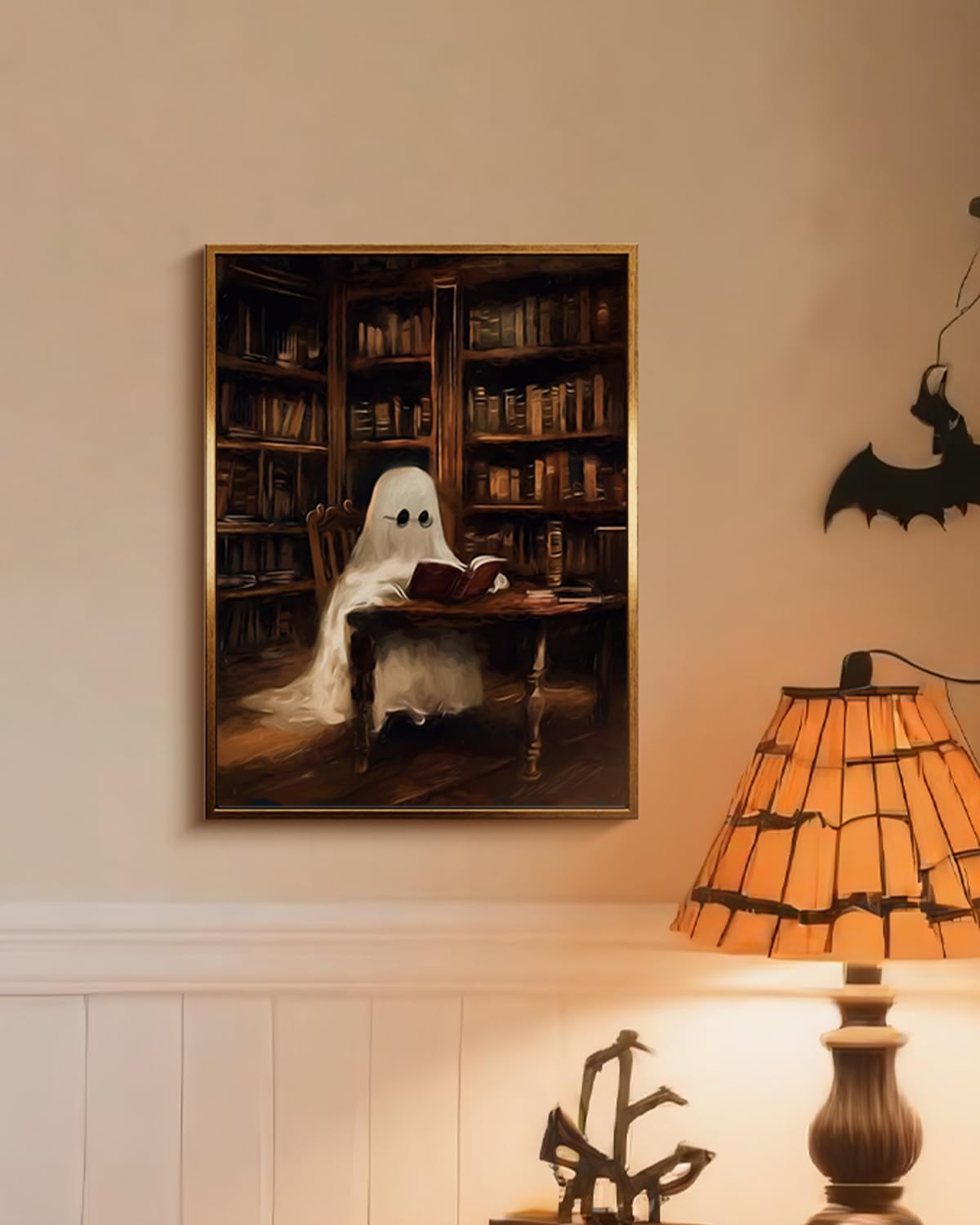 Vintage Halloween Spooky Ghost Reading Books Artwork (Read / 16"L x 12"W)