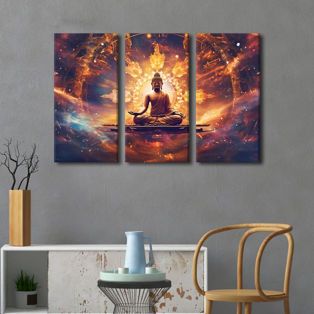 Canvas Wall Art Decor Buddha Sculpture Poster Art 3 Panel Religious Wall Art Buddha Deity Universe Galaxy Nucleus Paints for Bedroom Office Wall Decor Stretched and Framed Ready to Hang 36x24 in (36x24 in / 3PANEL-16)