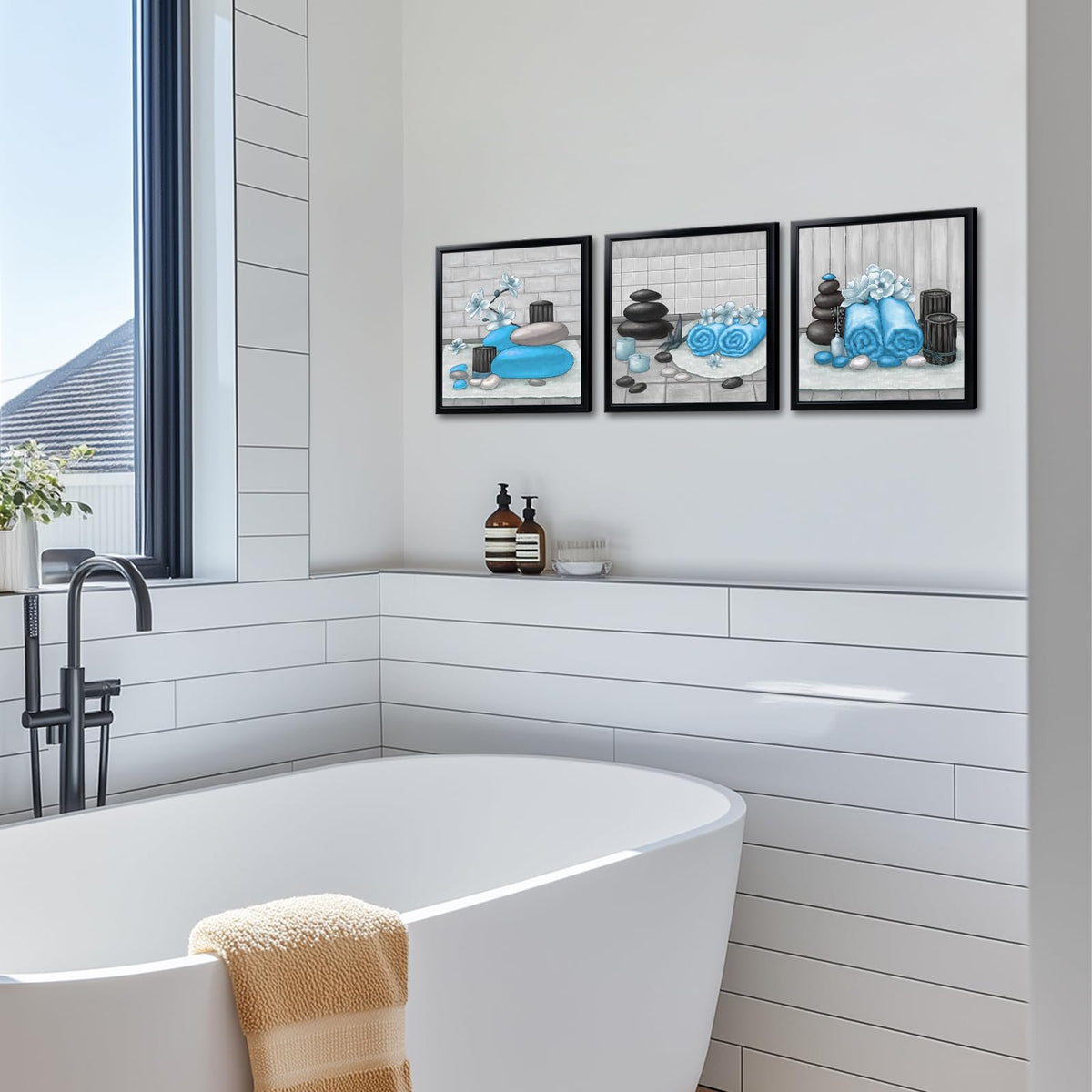 Zen Wall Art Decor Blue Bathroom Pictures Painting with Black Frames 12"x12" for Each (Light Blue)