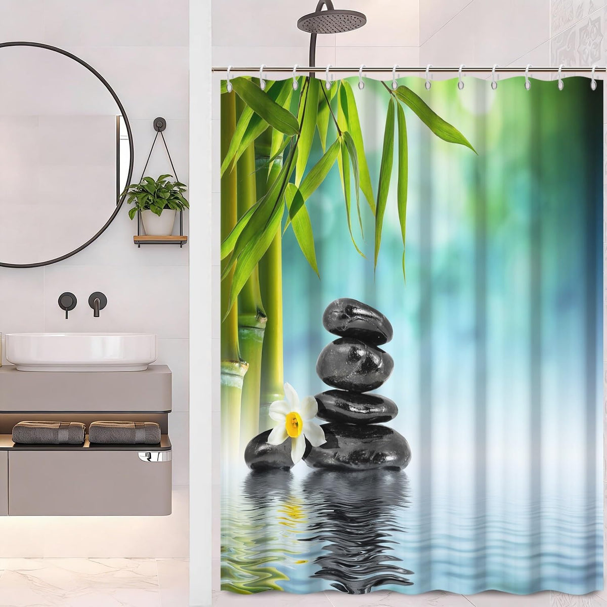 Zen Spa Shower Curtain Zen Stone Shower Curtain Lotus Bamboo Water Reflection Relaxing Meditation Waterproof Cloth Fabric Bathroom Curtains Set with Hooks Bath Bathtub Home Decor 69x75 inch (69"W x 75"L (Pack of 1) / Green 06)