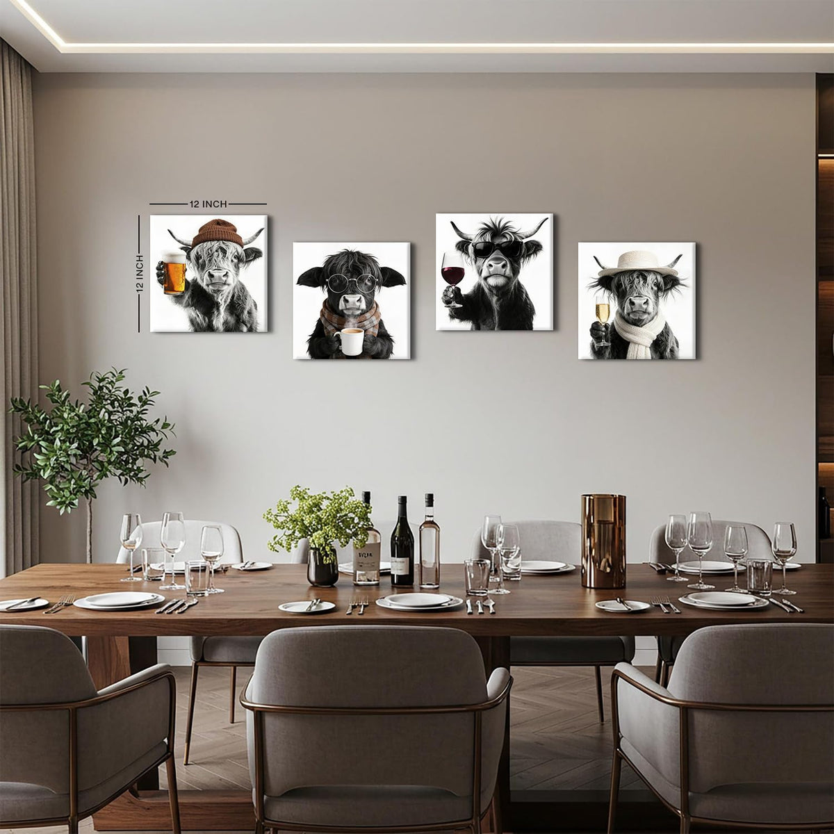 Funny Highland Cow Wall Art Cowboy Wall Decor Farmhouse Kitchen Decor Vintage Black and White Animals Pictures Canvas Prints Humor Cows Theme Paintings Posters Artwork Home Decorations 12x12” 4P (12"L x 12"W / Cow Drink)