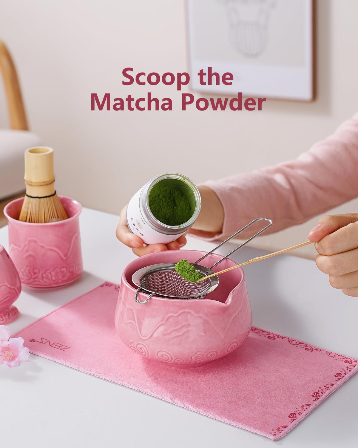 Premium Matcha Whisk Set with Blooming Cup (02-Pink / 7 Pcs)