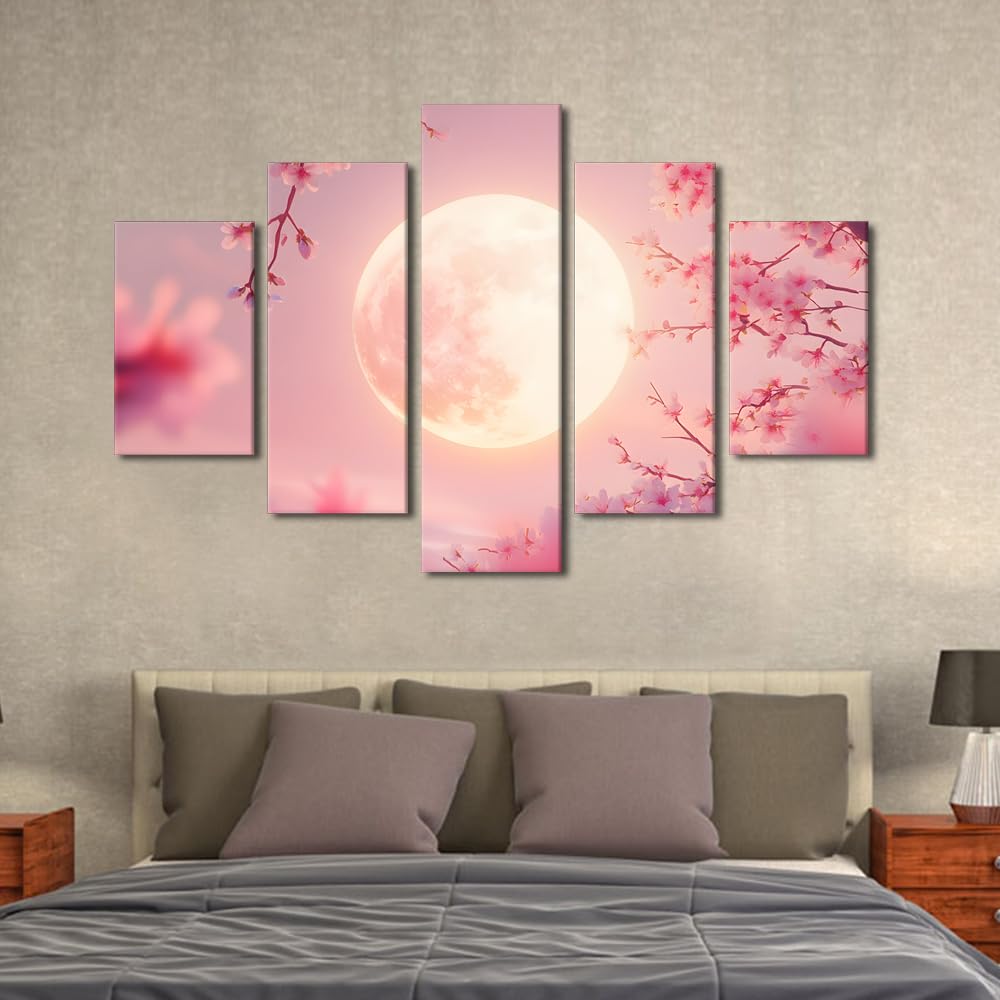 Canvas Wall Art Premium Moonlight Sakura Symphony Large Framed Poster Floating Petals Artwork Bedroom Wall Display Five Panel Poetic Nightscape Ready To Hang 60"Wx40"H (60''Wx40''H / Artwork-15)
