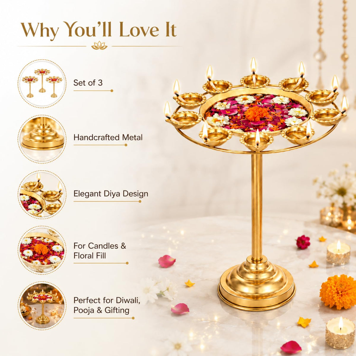 3 Diwali Lotus Urli Bowl Candle Holder for Indian Diwali Pooja (Urli Bowl)