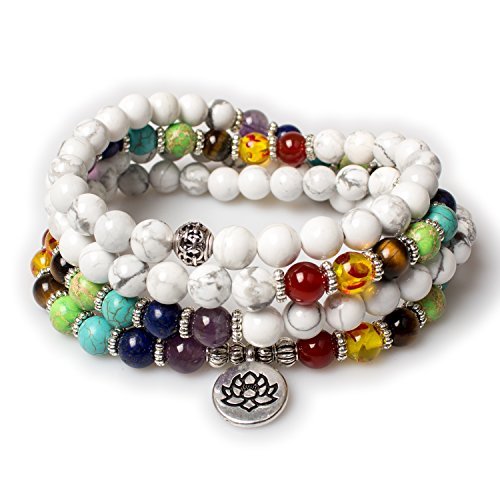 Necklace 108 Mala Beads Bracelet Buddhist Prayer Pendant Necklace (White Howlite-Lotus)