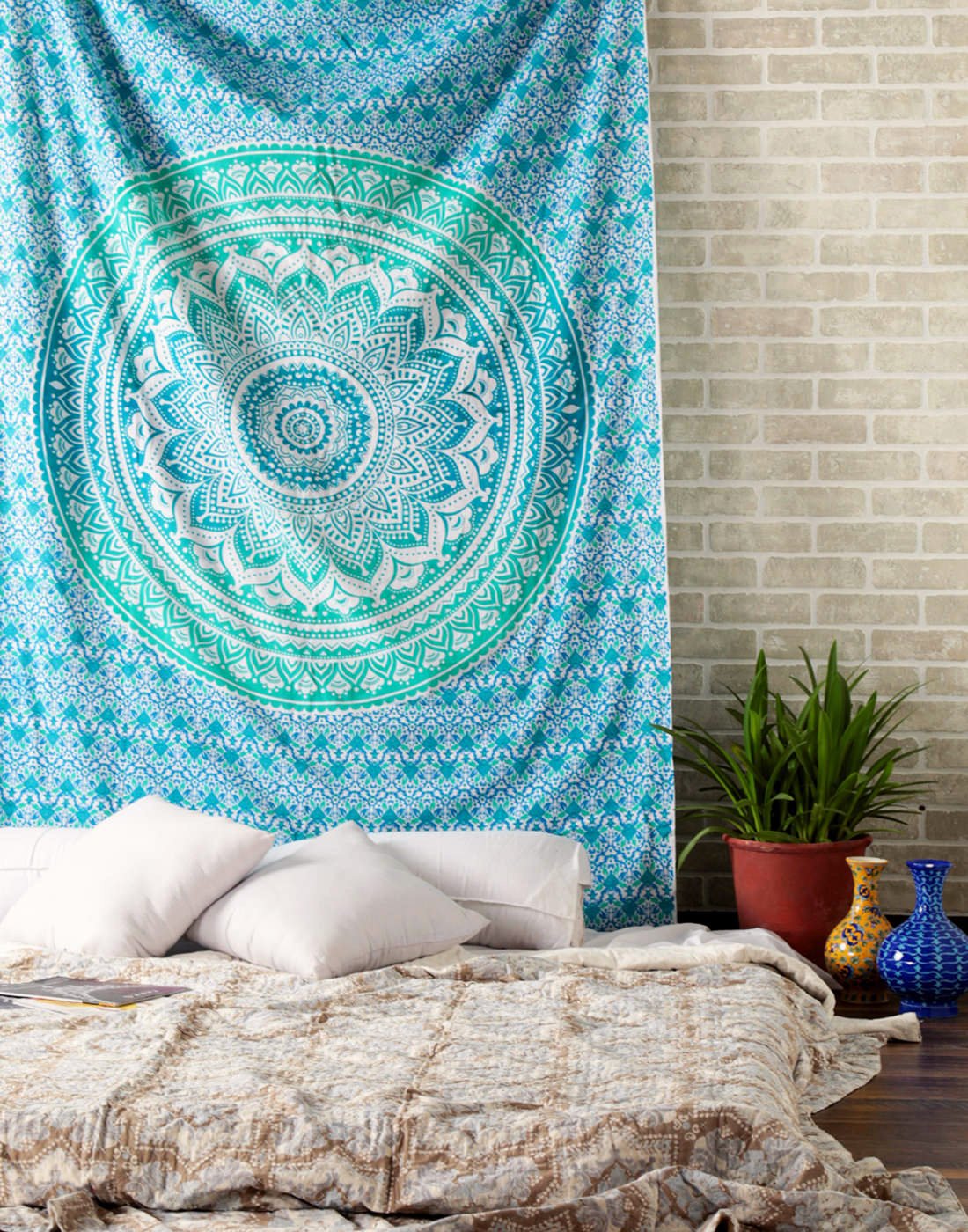 Indian Small Mandala Tapestry for Bedroom and Living Room Boho Wall Hanging Cotton Tapestries (Sea Green / 60"L x 50"W)