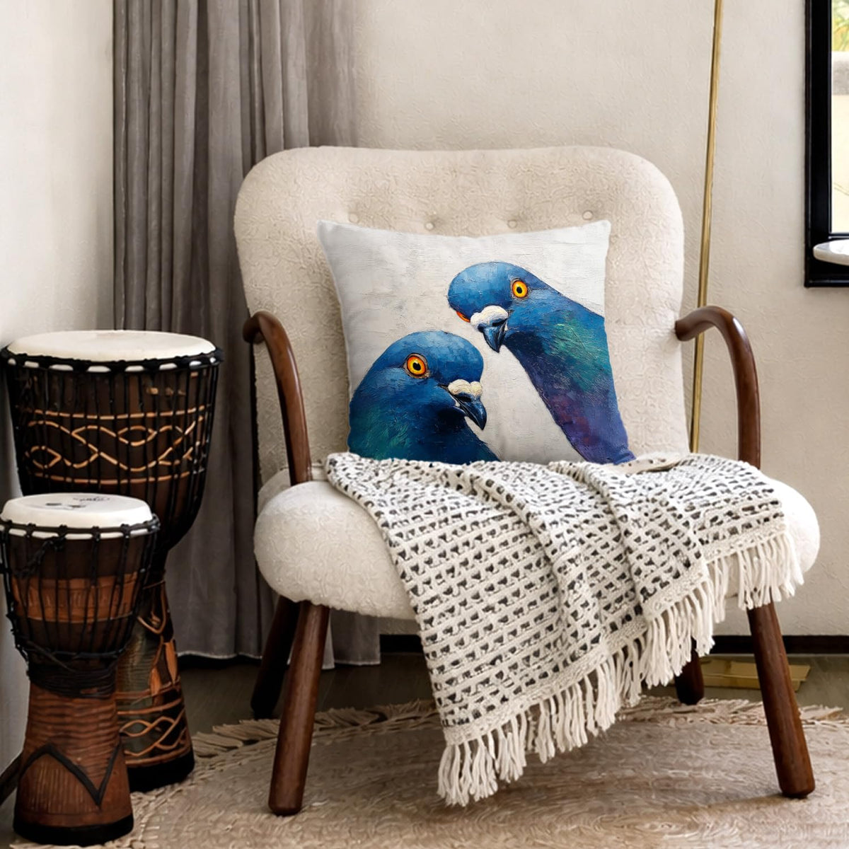 Funny Blue Pigeon Bird Pillow Cover 18x18 (White-bird 3)