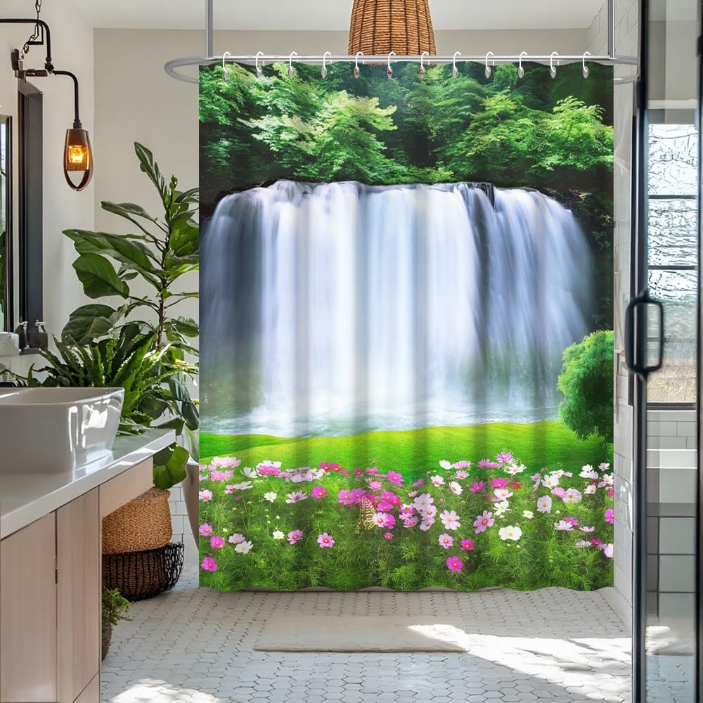 Spring Scenery Shower Curtain Set Decor Forest View Magnificent Waterfall Landscape Natural Scecery Green Leaves Grass Pink Floral Bath Curtain for Bathroom Decor with Hooks (72"W x 72"L (Pack of 1) / Green03)