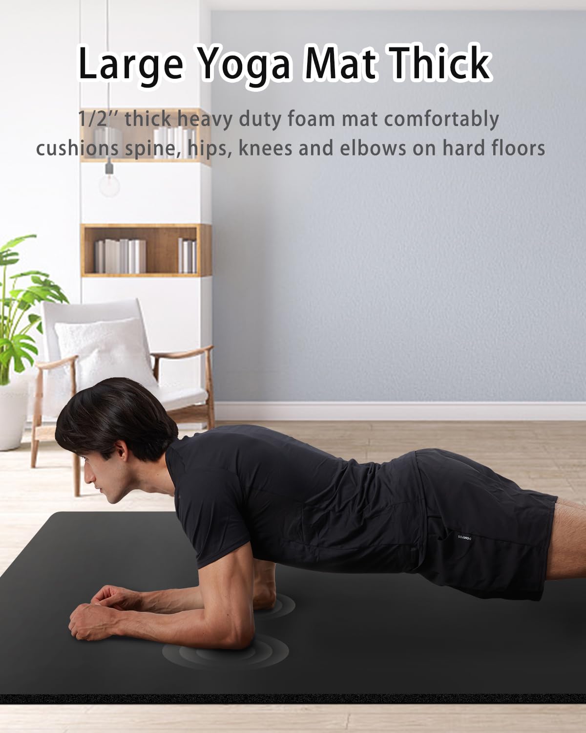 Large Yoga Mat for Men Thick Exercise Mat 76"x35" 15mm Foam Mat (Black)
