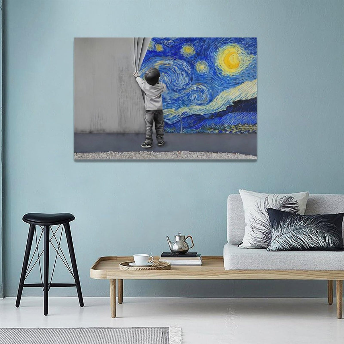 Banksy Wall Art Boys Starry Night Street Graffiti Pictures Wall Decor Kids Canvas Painting Pop Home Modern Artwork Decorations Framed for Living Room Bedroom Bathroom Office 24 x 16 inch (24"L x 16"W / Boy)