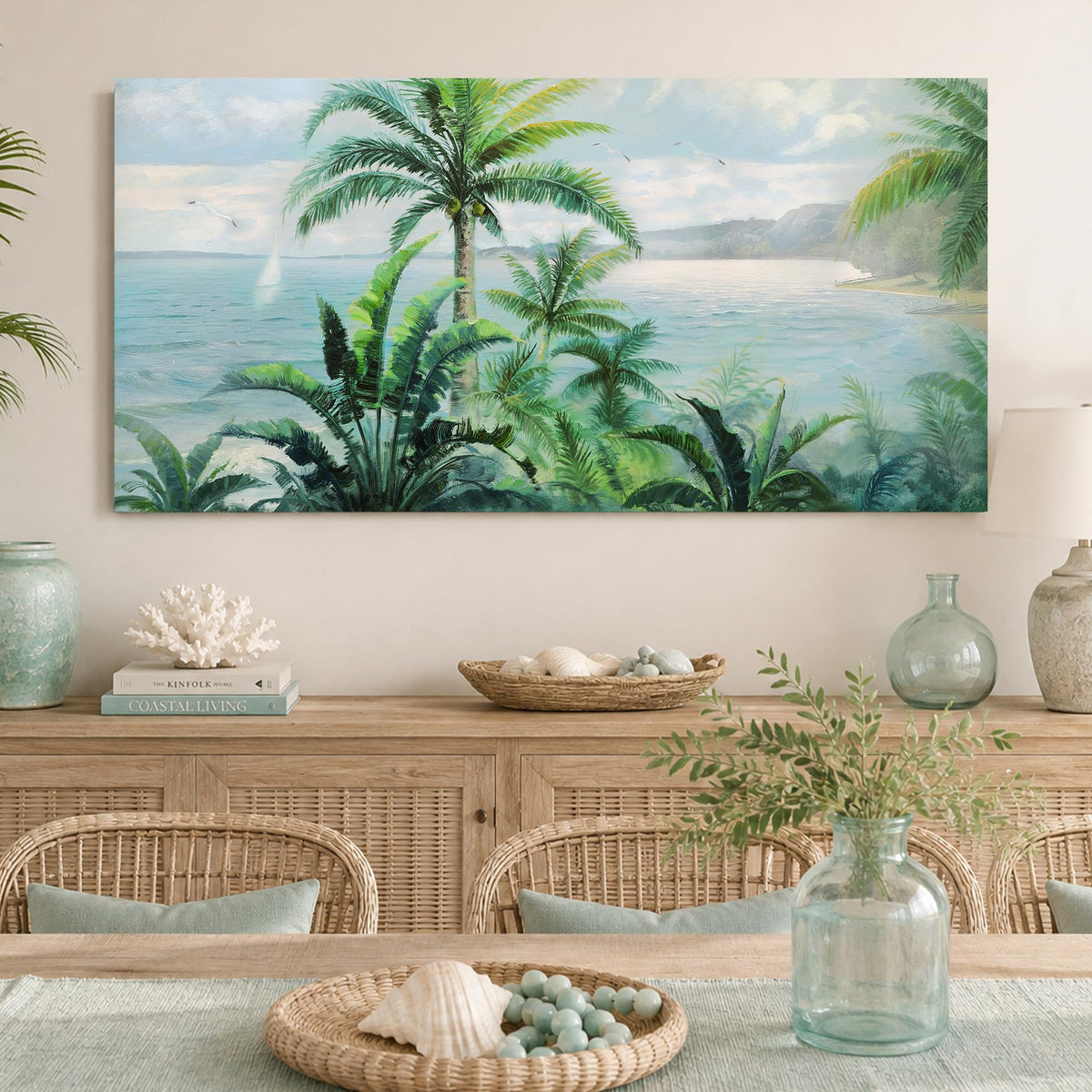 Palm Tree Green Tropical Canvas Wall Art for Living Room 58"x29" (green palm tree / 58"L x 29"W)