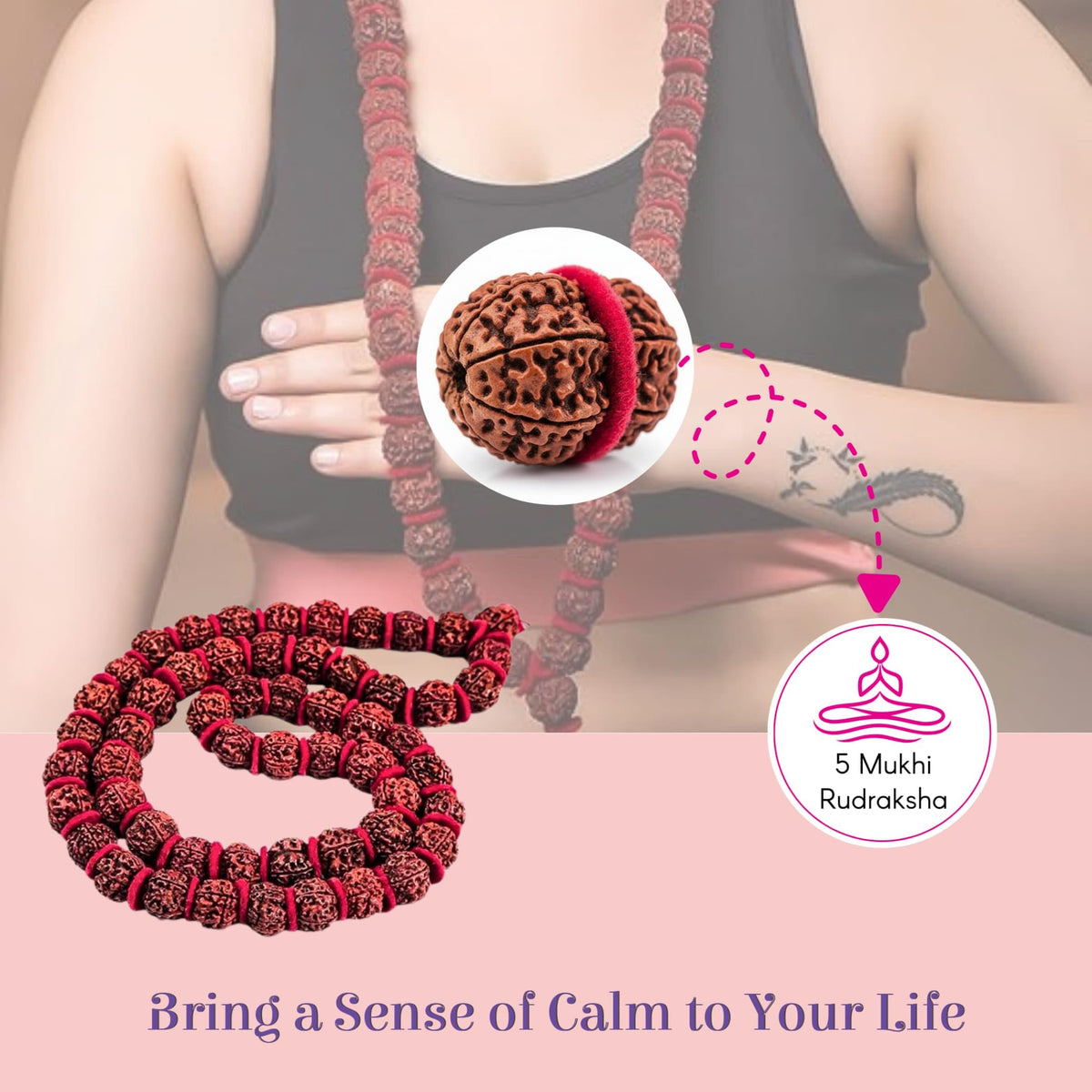 Certified 5 Face Panchmukhi Rudraksha Kantha Mala with Gaumukhi Japa Bag (54 Beads / 18-20mm bead)