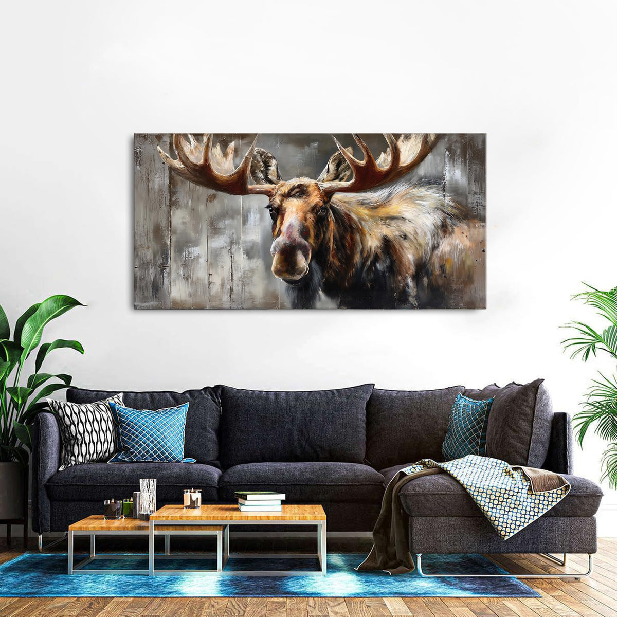 Rustic Deer Wall Art Lodge Wall Decor Elk Portrait Canvas Prints Farmhouse Wilderness Animal Photo Painting Wood Grain Background Poster Picture for Boys Bedroom Living Room Modern Decorations 30x60" (57.8"L x 30"W / Deer)