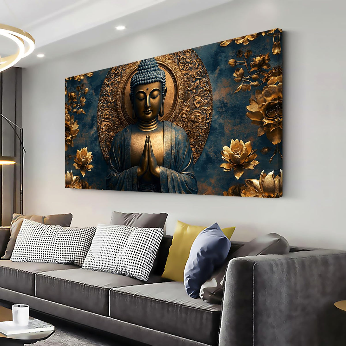 Zen Brown and Gold Buddha Wall Art for Living Room Office Religion Art Deco Blue Background Painting Prints Fantasy Canvas Artwork Over the Couch Bedroom Decor Large (46"L x 23"W / Brown and Gold Wall Art (K871))