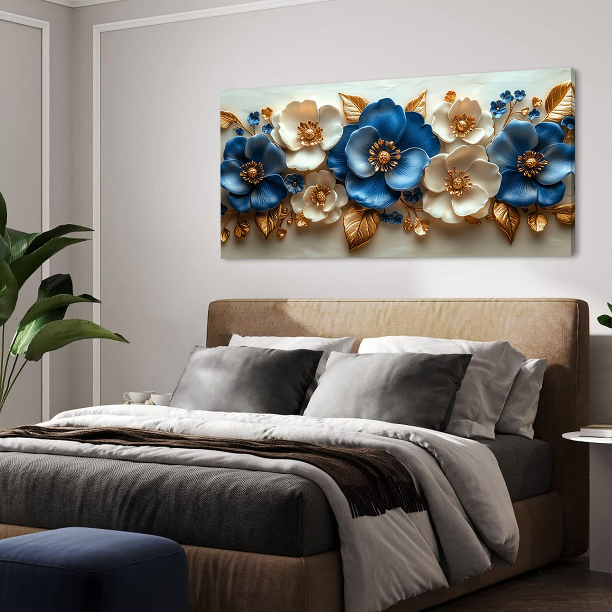 Abstract Beautiful Floral Flower Wall Art for Living Room Office Contemporary Art Deco White Nature Plant Painting Prints Modern Elegant Canvas Artwork Over the Couch Bedroom Decor Large (46"L x 23"W / Blue and White Flower Wall Art (K867))