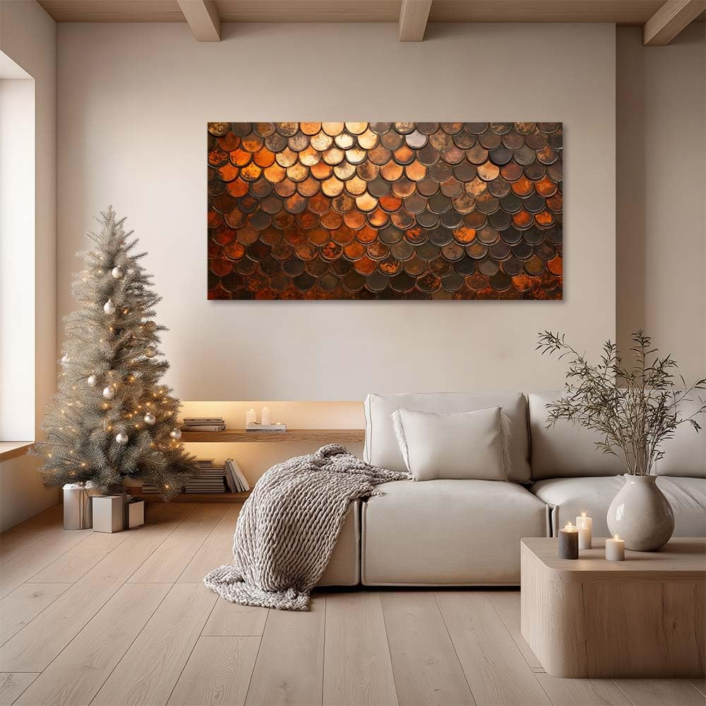 Rustic Copper Scale Canvas Wall Art Abstract Geometric Faux Metallic Texture Painting Flat Print Gallery Wrapped Industrial Artwork for Living Room Bedroom Bathroom Decor (Abstract / Orange Fish Scales 35 / 46"L x 23"W)