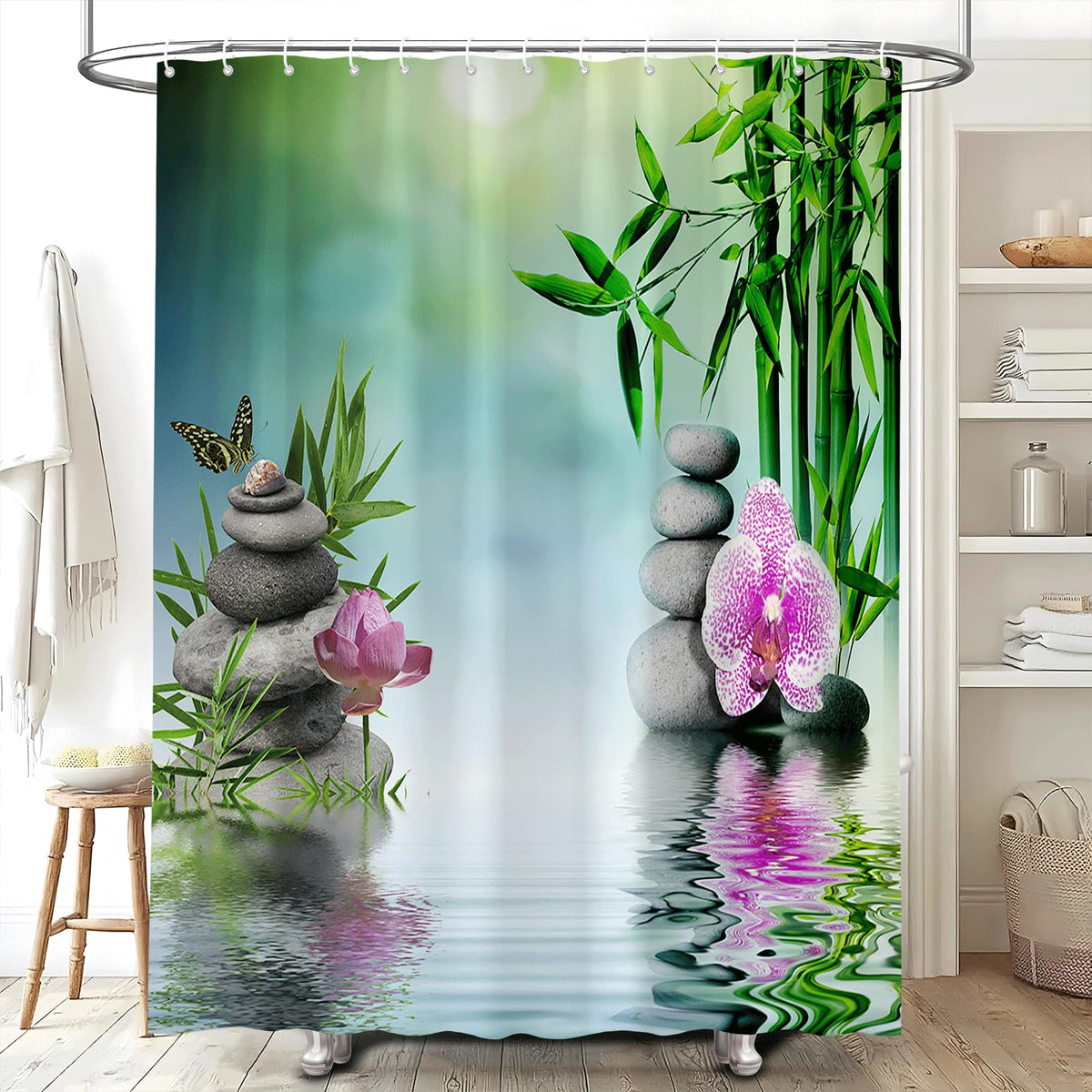 Zen Shower Curtain Green Leaf Floral Purple Flower Butterfly Lotus Black Stone Japanese Garden Relax Meditate Spring Nature Theme Rustic Polyester Curtains Bathroom Decor Set with Hooks 70Wx84H Inch (Green / 70"W x 84"L (Pack of 1))