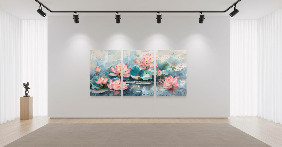 3Pcs Pink Lotus Flowers Canvas Prints Wall Art Green Leaves and Blooming Water Lilies Framed Wall Decor Ready to Hang Nature (Pink Lotus-Three Piece / 12x18 inches (3 pieces))