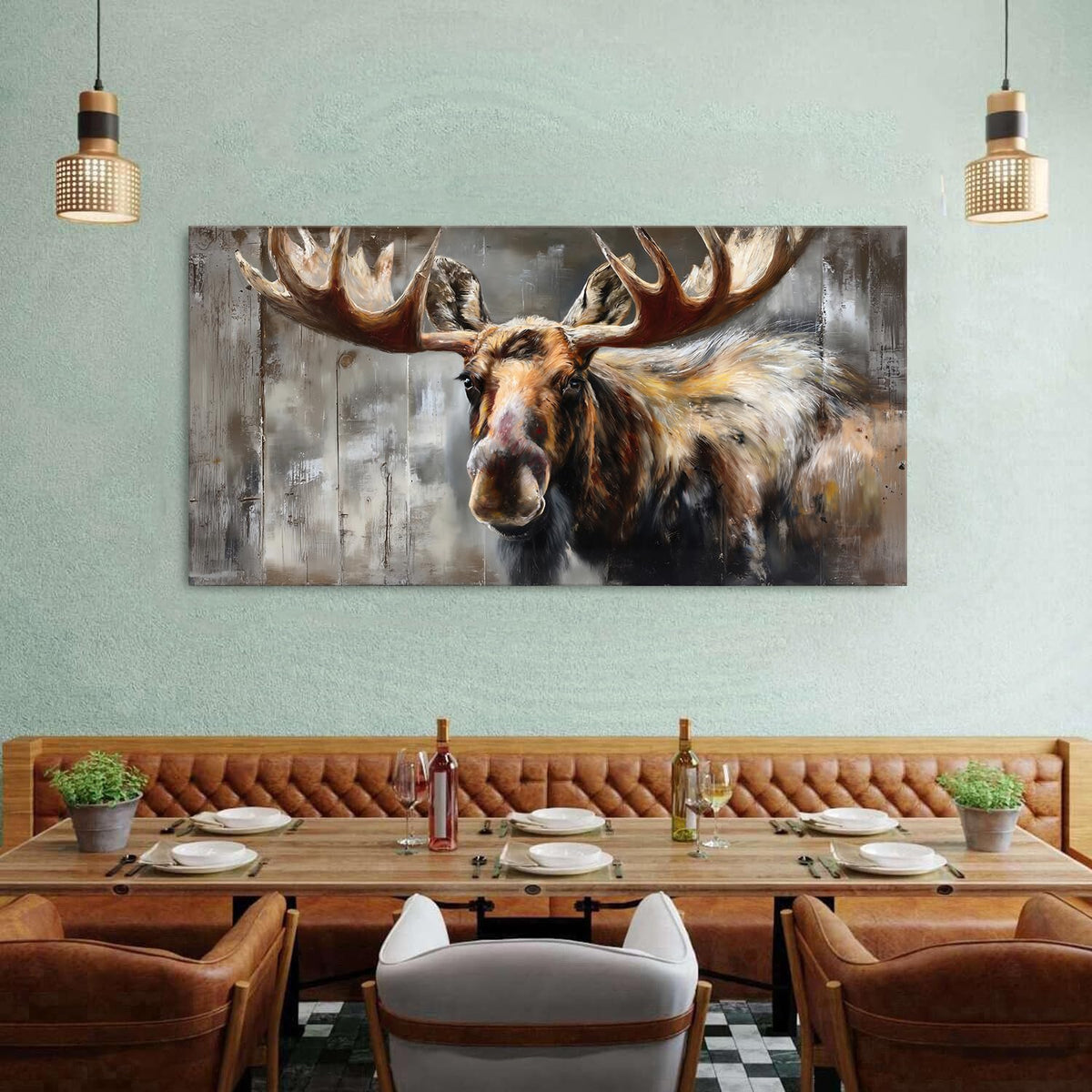Rustic Deer Wall Art Lodge Wall Decor Elk Portrait Canvas Prints Farmhouse Wilderness Animal Photo Painting Wood Grain Background Poster Picture for Boys Bedroom Living Room Modern Decorations 30x60" (57.8"L x 30"W / Deer)