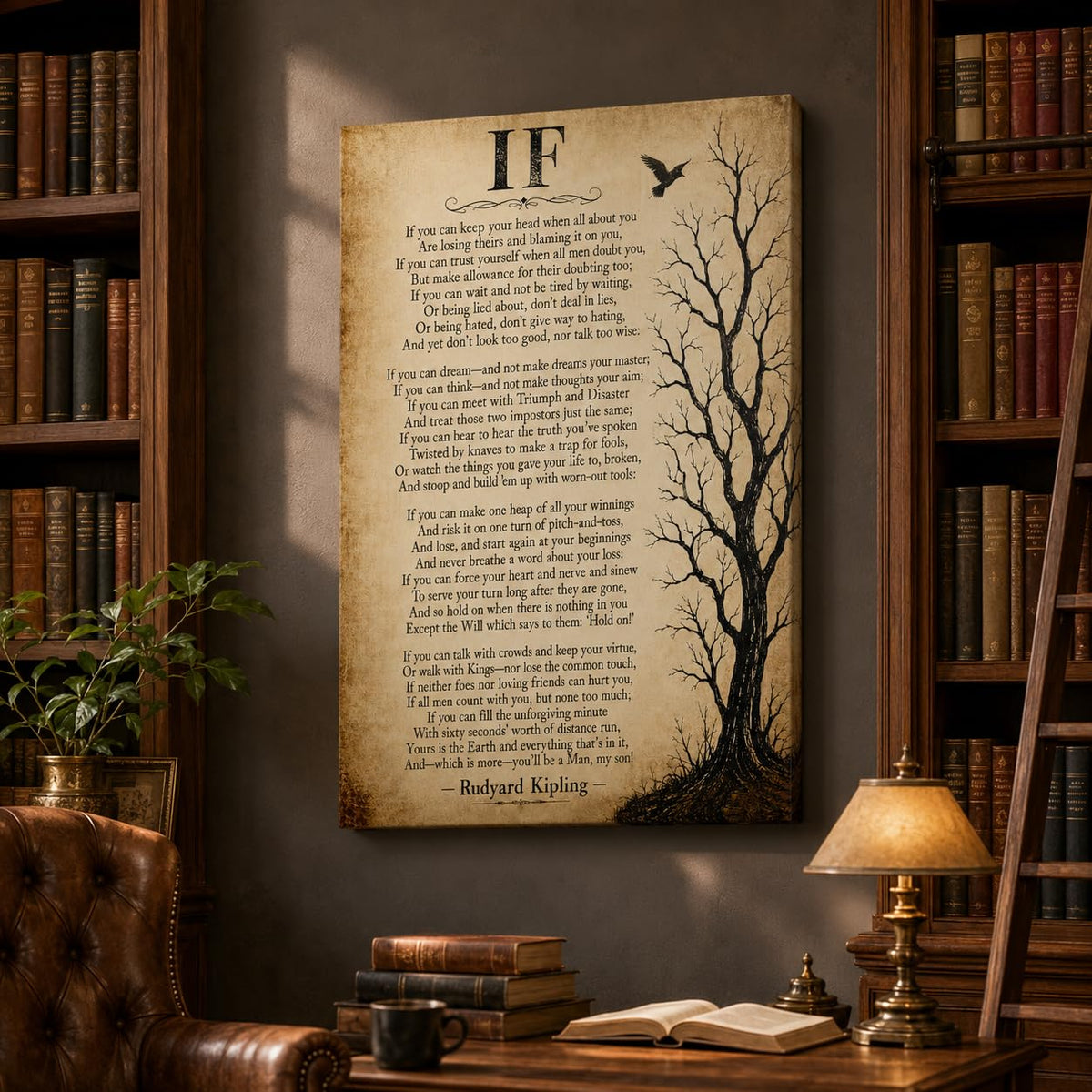 Inspirational Poem Framed Wall Art Canvas Vintage Office Decor 16x24 Inches (Rudyard Kipling If / 24"L x 16"W)