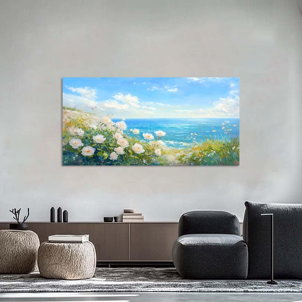 White Roses Floral Beach Canvas Wall Art Coastal Ocean View Painting Flat Print Gallery Wrapped Spring Seascape Artwork for Living Room Bedroom Bathroom Decor (Coastal / White White Roses Sea 7 / 40"L x 20"W)