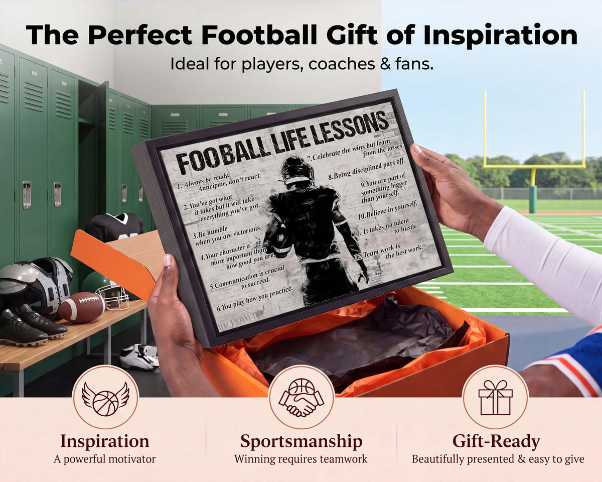 Black Framed Football Life Lessons Canvas Wall Art 24x36in (Inspirational football / 36"L x 24"W)