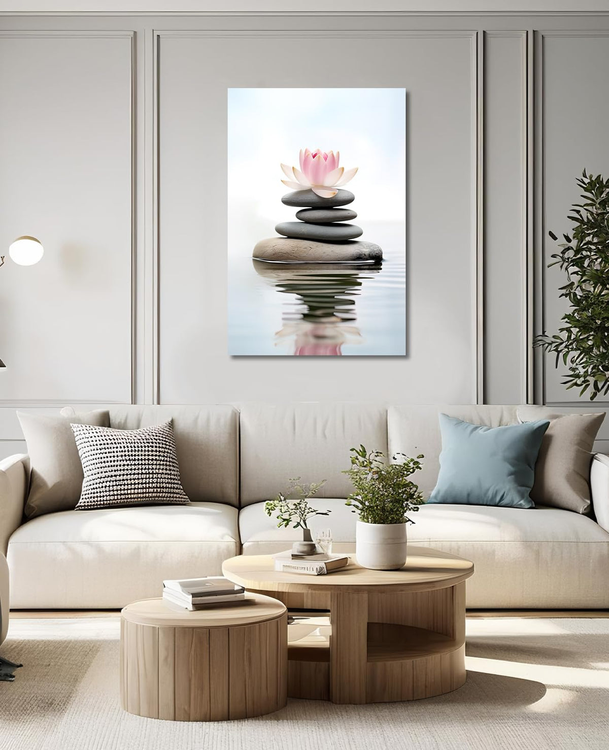 Lotus Wall Art Zen Canvas Print Wall Decor Spa Stones on Wahter Picture Meditation Painting Relax Artwork for Bathroom Living Room Modern Home Decor Frame (24"L x 16"W / Art-1)