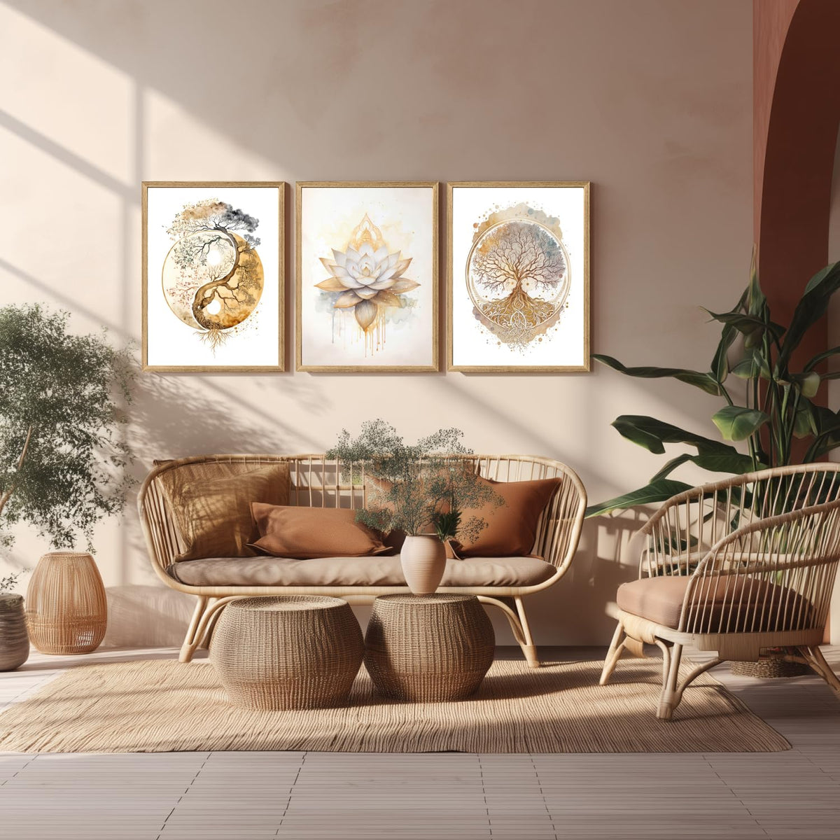 Wood Framed Tree of Life Spiritual Wall Art Set of 3 (White-Gold(Wood) / 24"L x 16"W)