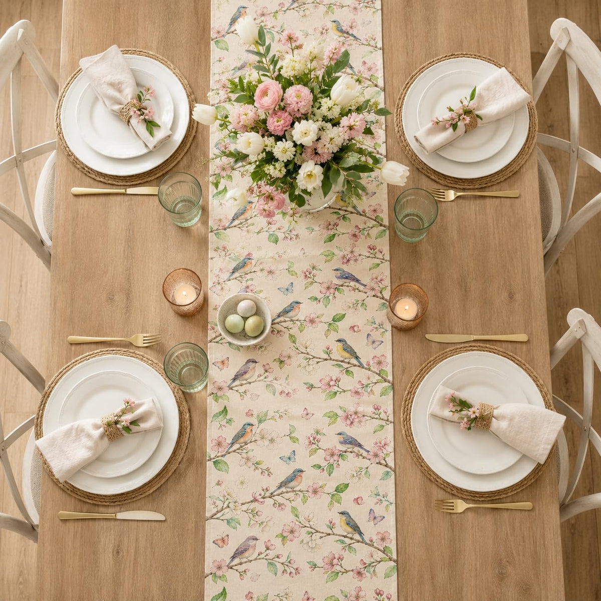 Vintage Botanical Birds Table Runner (13x120inch / Floral Birds)