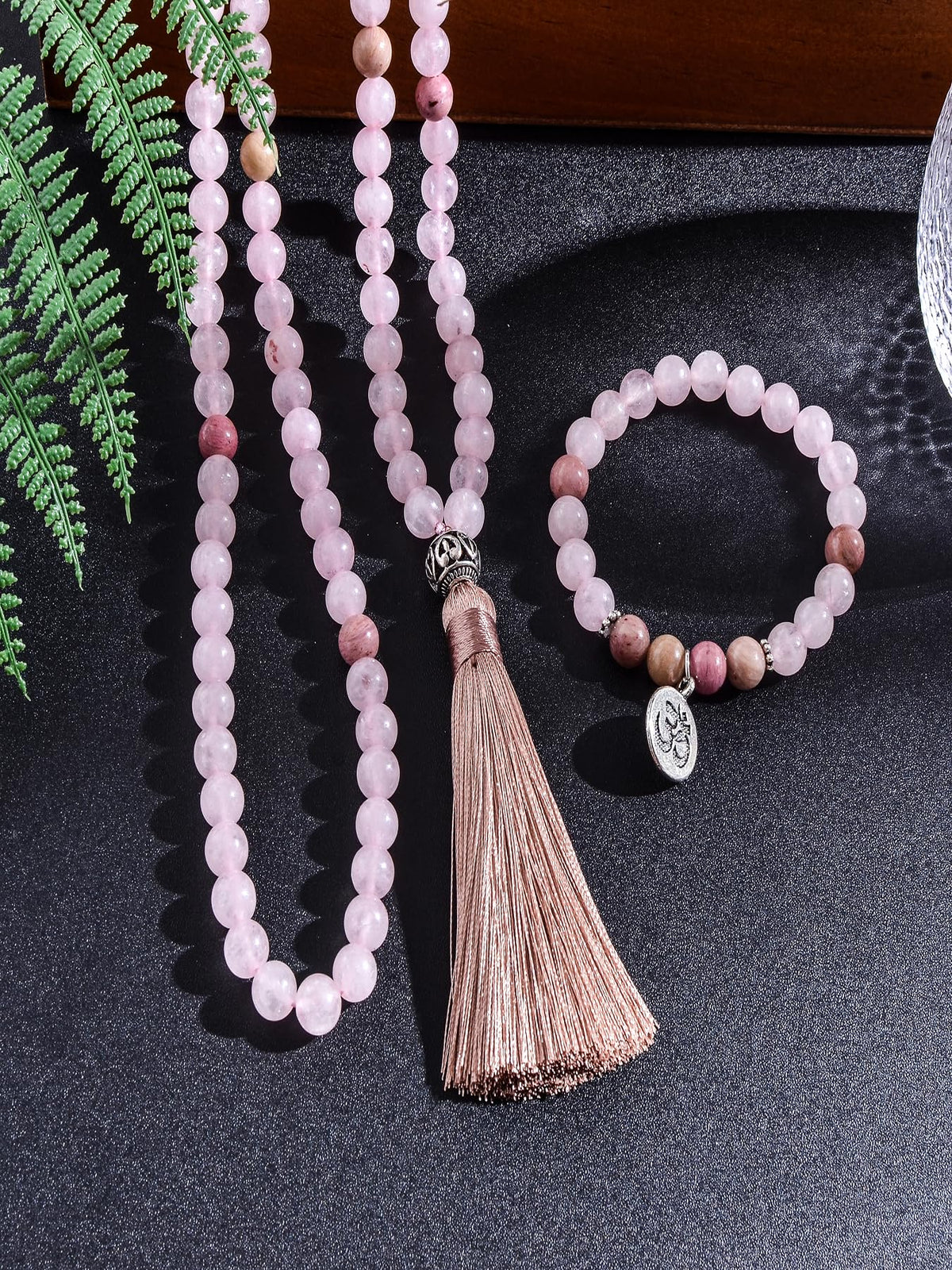 108 Mala Prayer Beads Necklace 8mm Natural Stones Meditation Yoga Jewelry Sets 108 Hand Made Japa Mala Beaded Long Tassel Necklace with Tassel Pendant for Men and Women (Rose quartz)