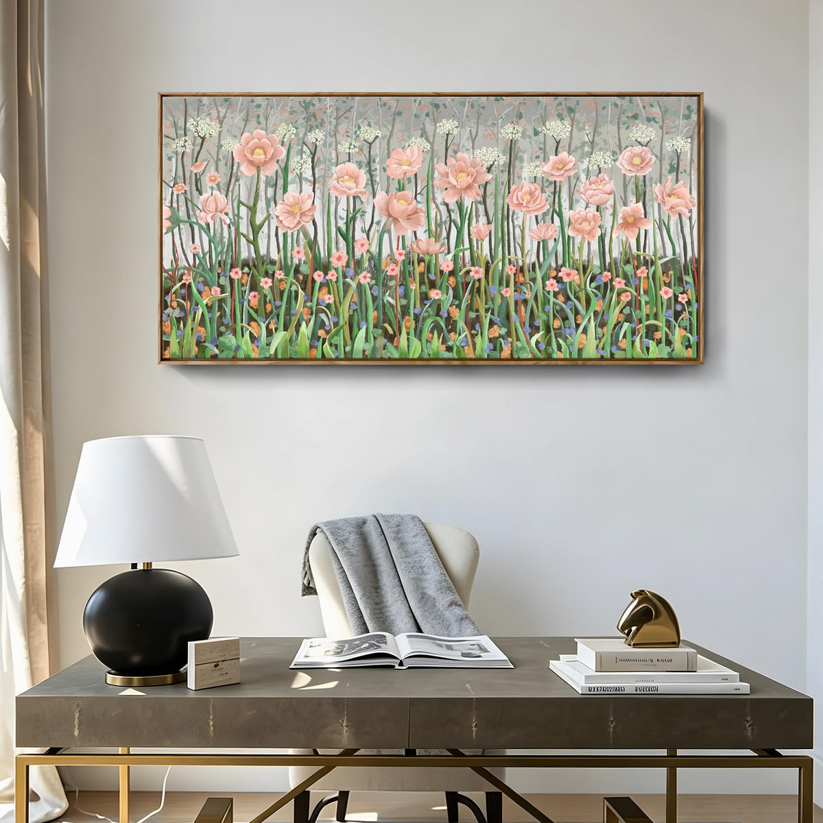 Large Framed Country Living Room Wall Art (Pink Framed Wall Art / 48"Lx24"W（Framed）)