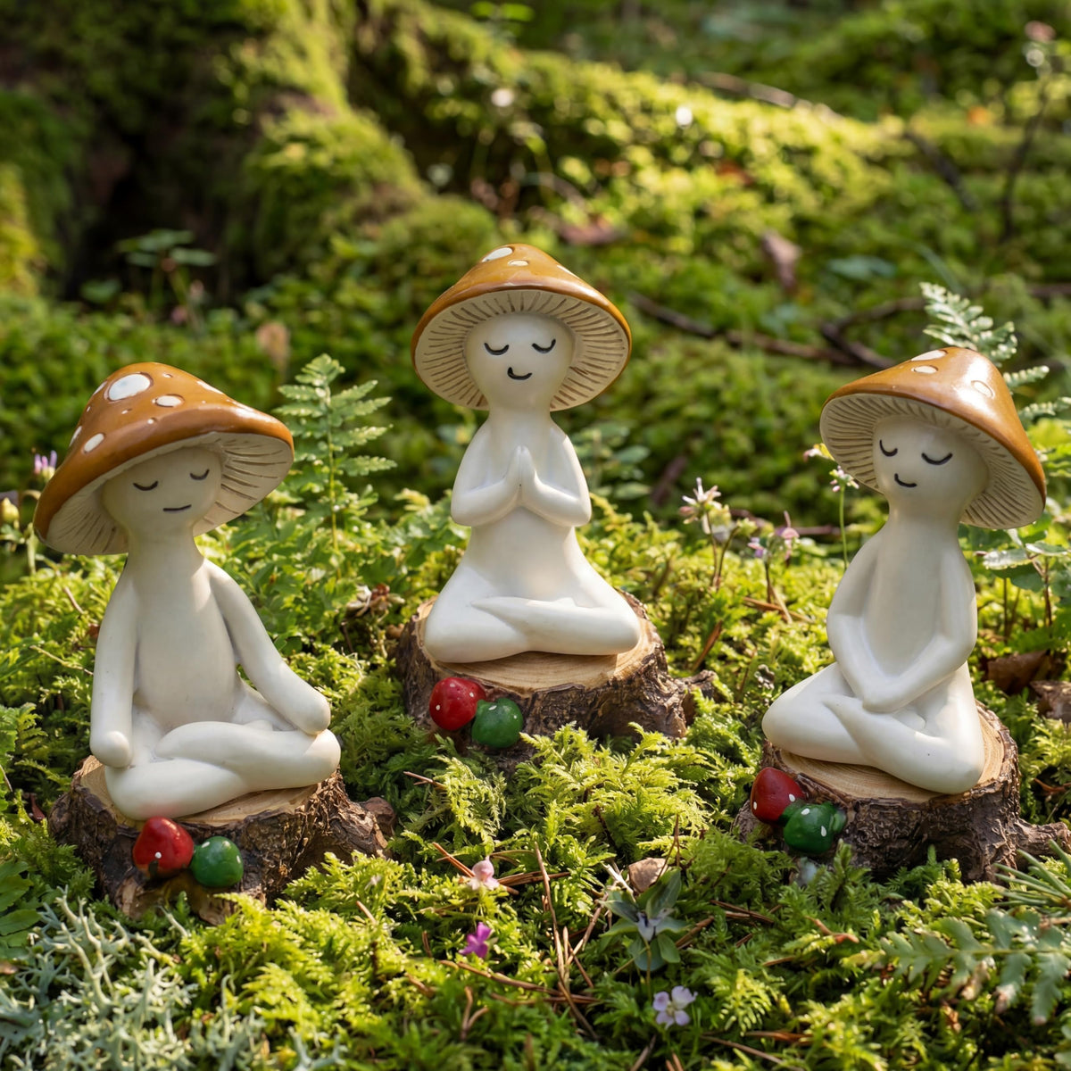3 Pcs Meditation Mushroom Statue with Stump Resin Figurine (Mushroom with Stump)