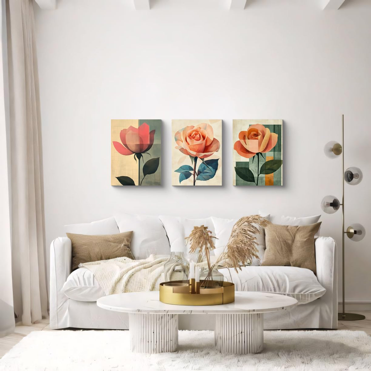3Pcs Abstract Rose Wall Art Canvas Print Minimalist Floral Painting Modern Geometric Flower Botanical Artwork Mid Century Style Home Decor Green Teal Beige Decor for Living Room Bedroom (12 x 16 inches (3-Piece Set) / Geometric Rose-1)