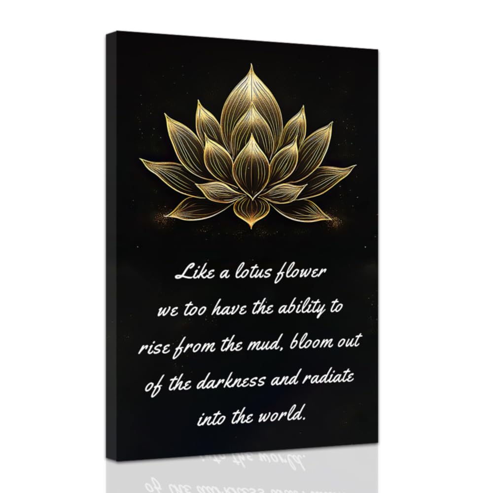 Zen Canvas Wall Art Lotus Motivational Quotes Pictures Gold Lotus Flower Wall Decor Spa Artwork Prints for Bathroom Office Spiritual Yoga Framed (Black / 24" x 36")