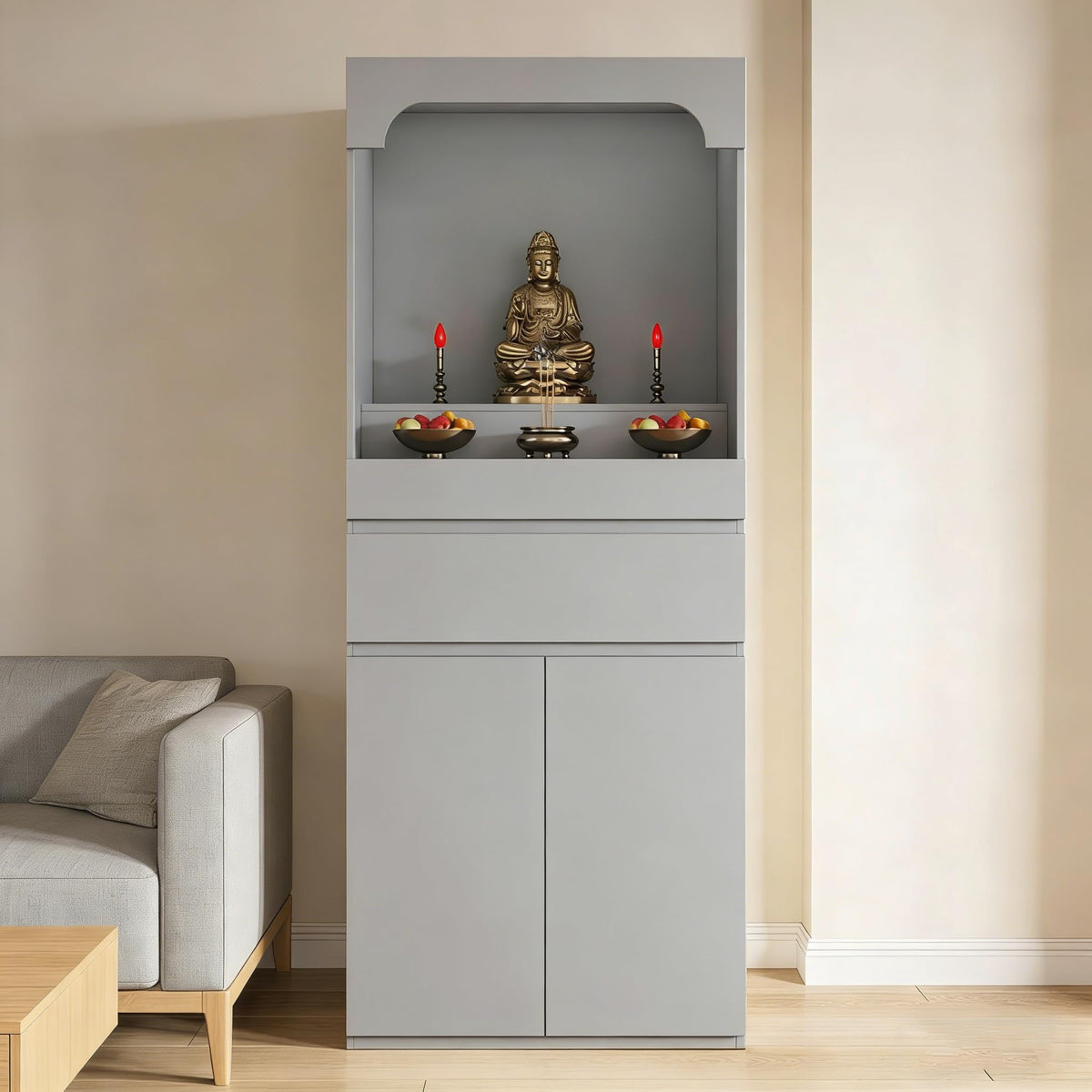 Altar Table Pooja Cabinet with Drawers and Storage Cabinets (51.2×15.7×65.4in / Grey)