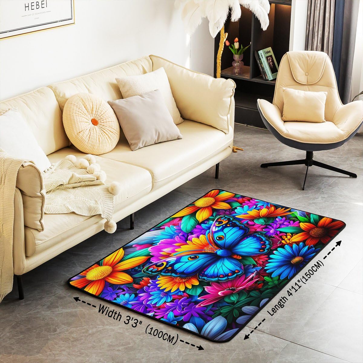 Colorful Butterfly 3x5 Area Rug Rainbow Flowers Rugs for Living Room (Blue Teal Orange / 3'3" x 4'11" (Rectangular))