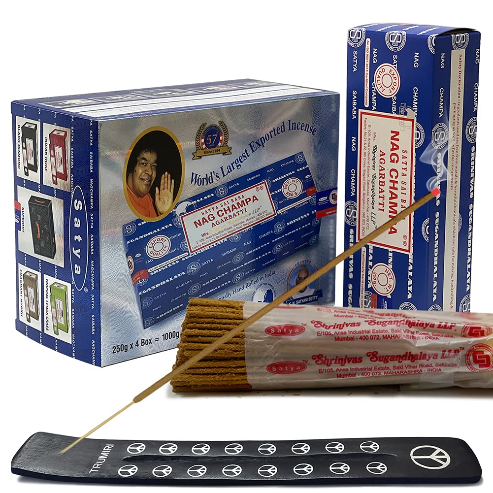 Nag Champa Incense Sticks 250g x 4 and Incense Stick Holder Bundle Insence Insense Satya Incense (Nag Champa 250g - Pack of 4)
